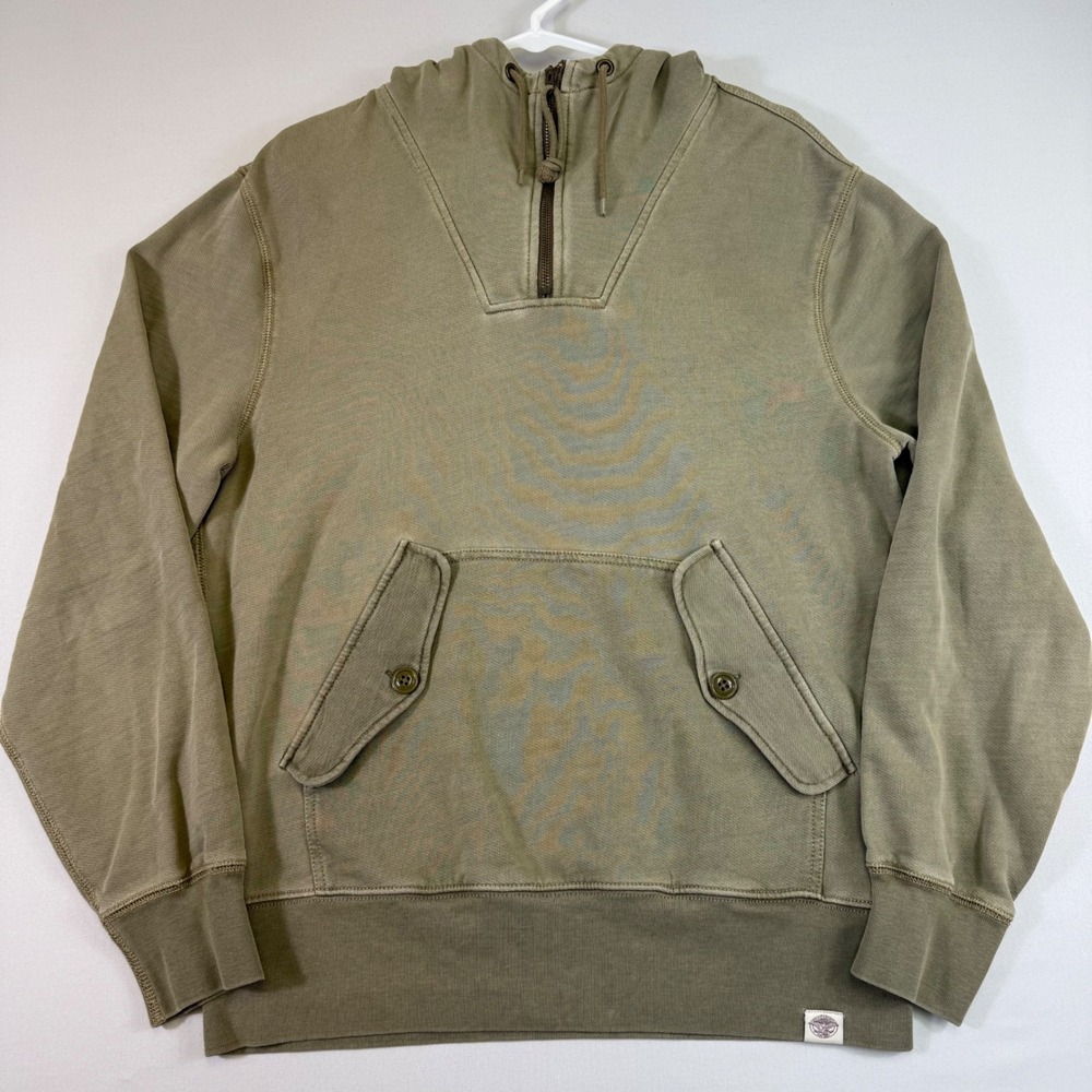 Wallace & Barnes Brushed Back Terry Anorak Mens M Olive Green Hooded 1/4 Zip EUC